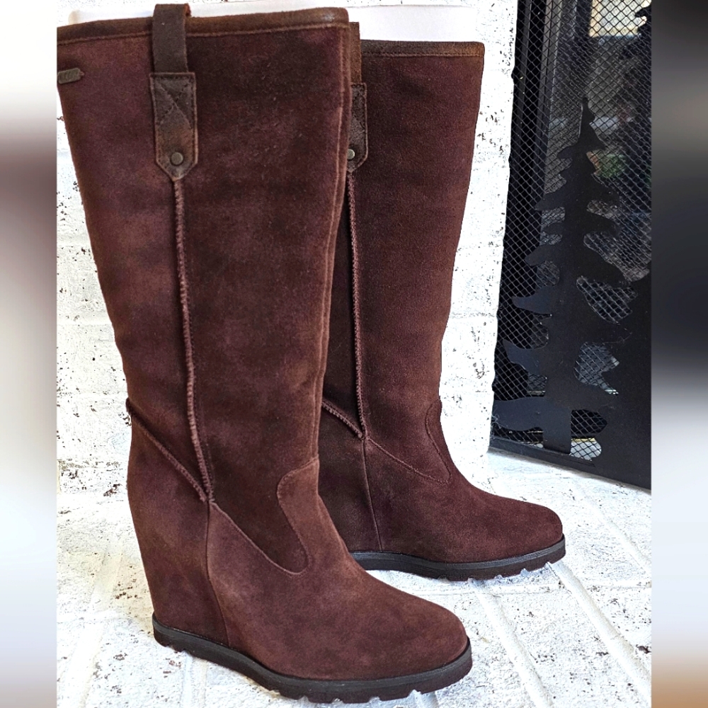 UGG Chocolate Brown Soleil Shearling Tall Wedge Suede Boots